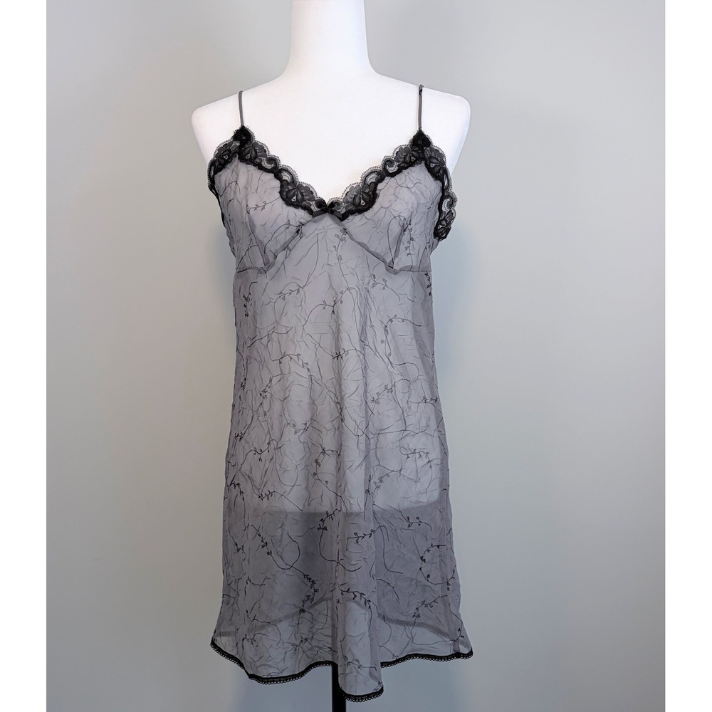 Vintage Slip Dress Sheer Lace V-Neck Dark Romantic Loungewear Gray Women Medium